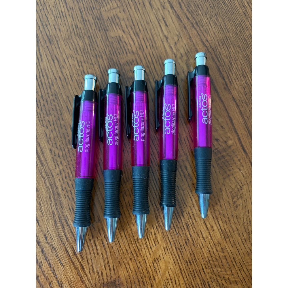 ACTOS drug rep pens 5 pc lot black ink click grip purple pink pharma memorabilia